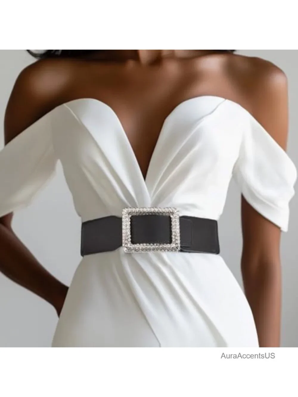 Wide Elastic Rhinestone Buckle Belt Stretchy Adjustable Waist Belt for Dresses